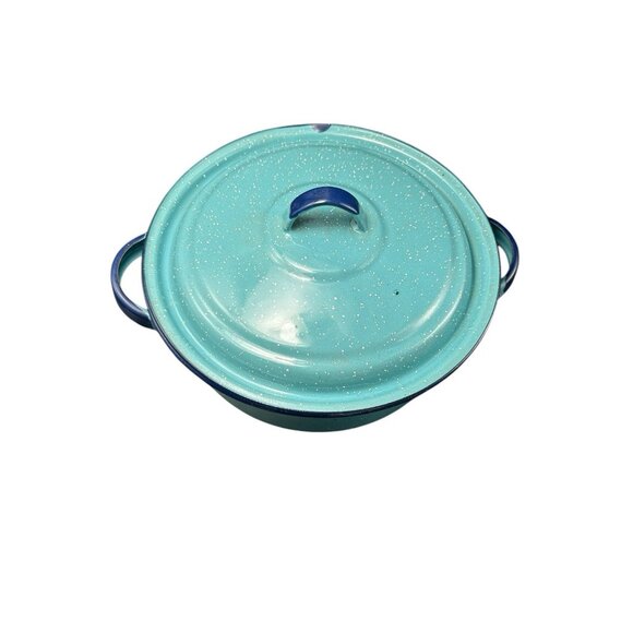 Round Shallow Saute Pot & Lid 10" Teal Cobalt Graniteware Enamelware Splatter - Picture 2 of 11